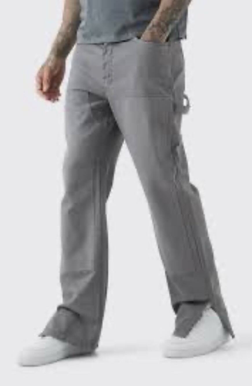 BoohooMan Tall Relaxed Overdye Carpenter Split Hem Trouser Charcoal Gray Size 36